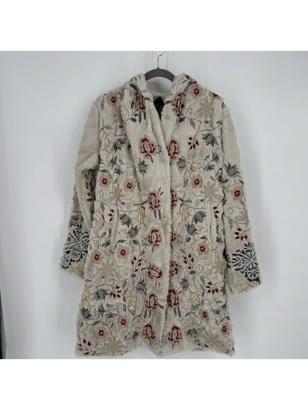 Johnny Was Biya coat womens medium M embroidered hooded faux fur boho floral